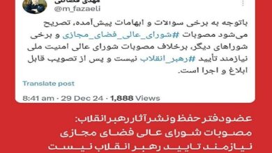 مصوبات شورای عالی فضای مجازی نیازمند تایید رهبر انقلاب نیست