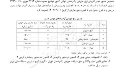 نرخ عوارض ۵ آزادراه‌ دولتی تغییر کرد/ تهران – قم ۱۵ هزار تومان